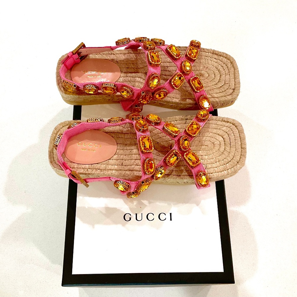Gucci NEW SZ 37 Pink Grosgrain Gold Jewel Embellished Espadrille Flat Sandals